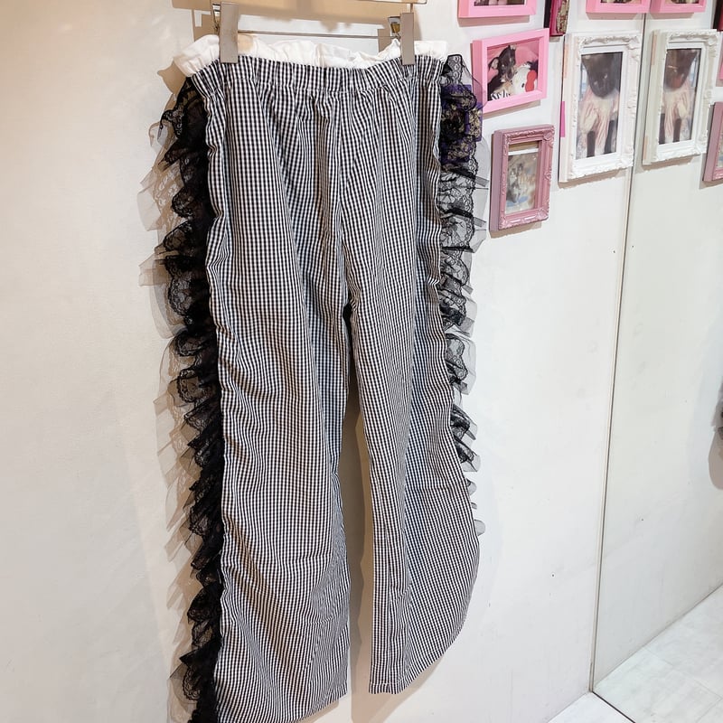 rosarymoon ギンガムサイドスリットパンツ ギンガムチェックスリットレースパンツ | Romantic Standard