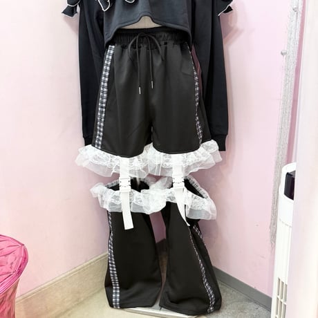 チェックラインセパレートフリルスウェットパンツ