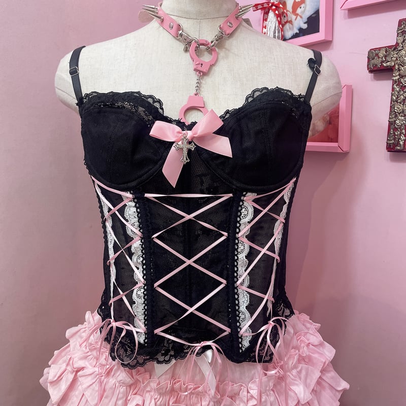 Y's PINK ビスチェ　コルセット　ブラック レースアップリボンシアービスチェ | Romantic Standard