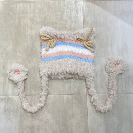 リボンボーダー猫耳ビーニー