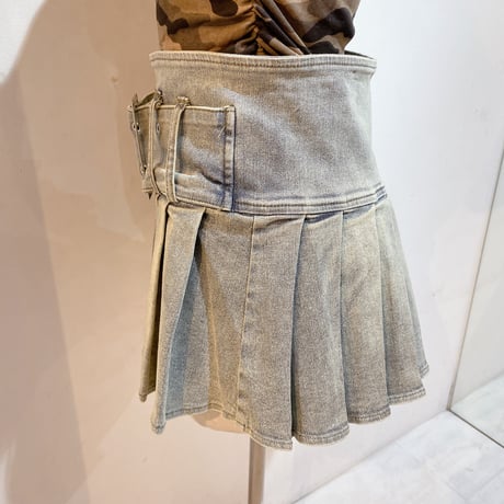 ベルトデザインプリーツ切替デニムスカート