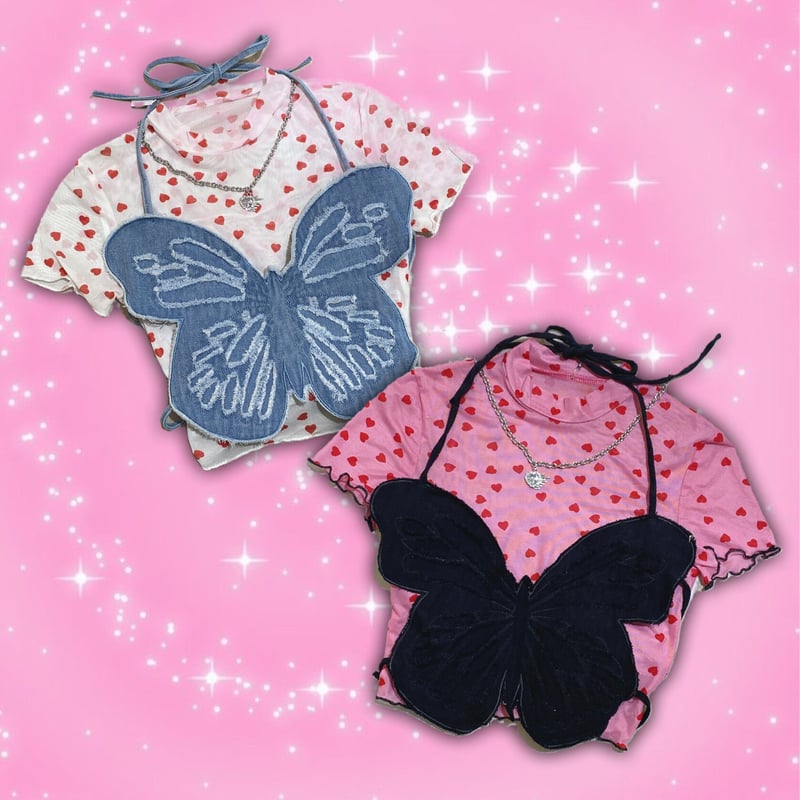 古着 ビンテージ 80s ハンドメイド 蝶々 デニム エプロン ビスチェ 希少 VINTAGE - 古着 ビンテージ 80s ハンドメイド 蝶々 デニム エプロン