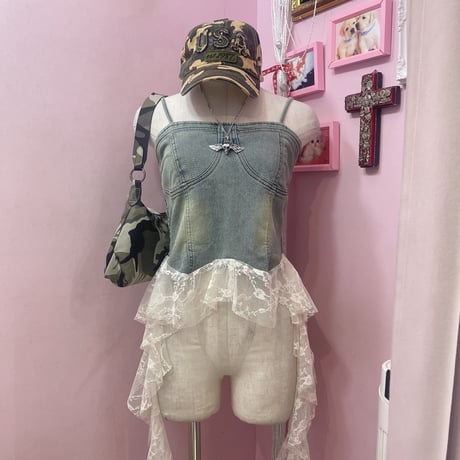 レースフリルヘムデニムビスチェ