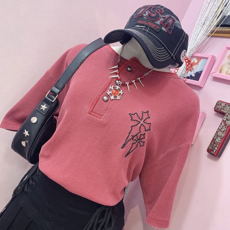 クロス刺繍サーマルTシャツ