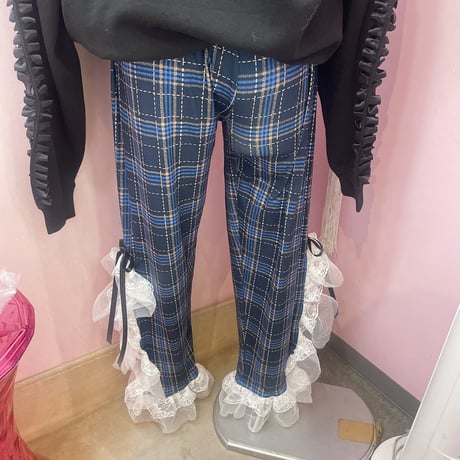 スリットレースネイビーチェックパンツ
