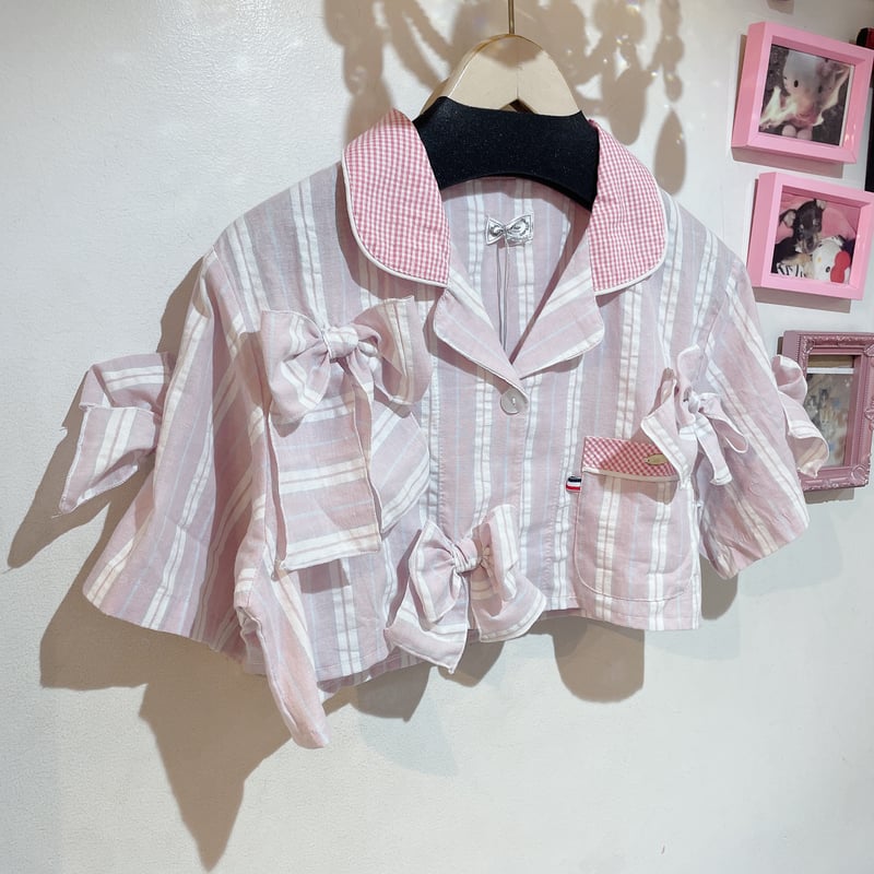★riri♡【タグ付き未使用】Mystrada♡リボンシャツ(ピンク)S ブラウス シャツ 「HOOK」for girls リボンアイレットストライプロング