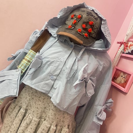 リメイクリボンフリルフードナイロンシャツ