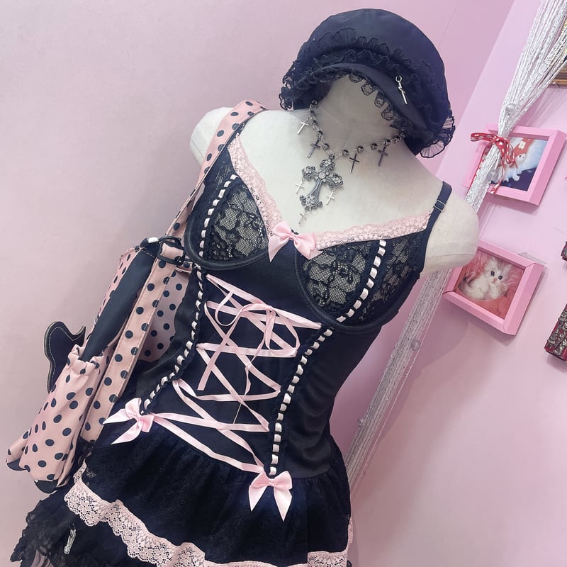 セシルマクビー バイカラー レース サテン コルセット キャミ 黒 ピンク CECIL McBEE - セシルマクビー バイカラー レース サテン コルセット