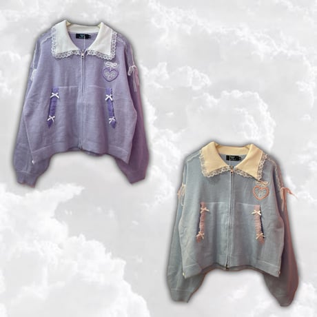 襟付きレースリボンニットカーディガン