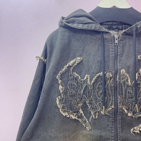 ダメージトライバルロゴデニムパーカー