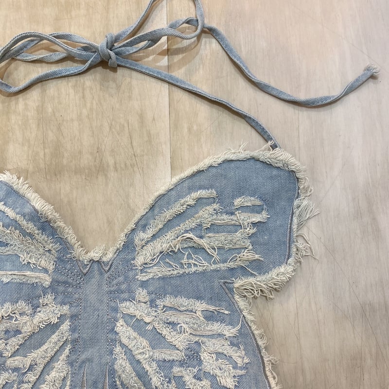 古着 ビンテージ 80s ハンドメイド 蝶々 デニム エプロン ビスチェ 希少 VINTAGE - 古着 ビンテージ 80s ハンドメイド 蝶々 デニム エプロン