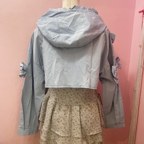 リメイクリボンフリルフードナイロンシャツ