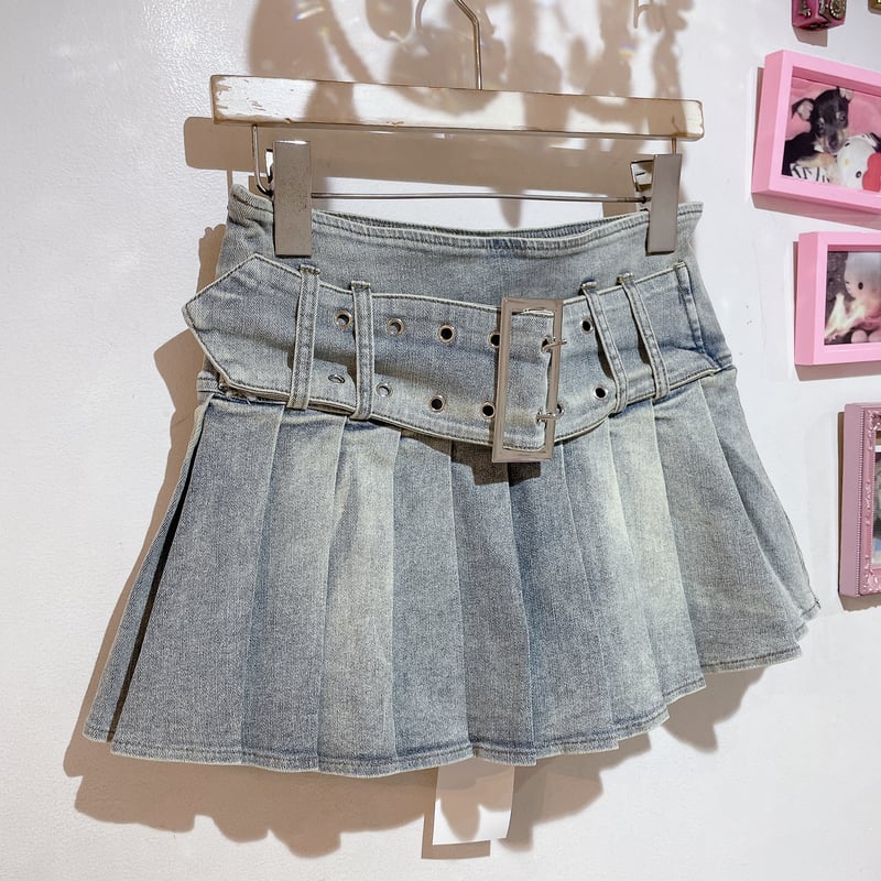 美品　プリーツプリーズ　スカート　デニム転写　ベルトループ　ポケット　サイズ1 ベルトデザインプリーツ切替デニムスカート | Romantic Standard