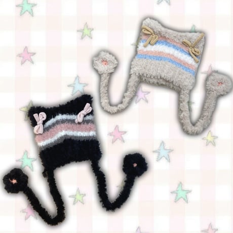 リボンボーダー猫耳ビーニー