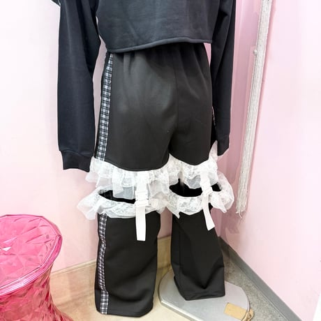 チェックラインセパレートフリルスウェットパンツ