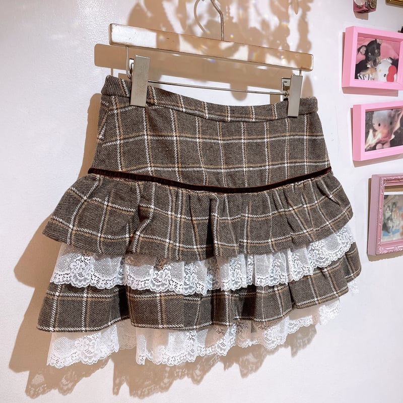 アジアンガーリーモード ハンドメイド レーステープ装飾 ティアードフリルスカート チェック×レースティアードフリルスカート | Romantic Standard