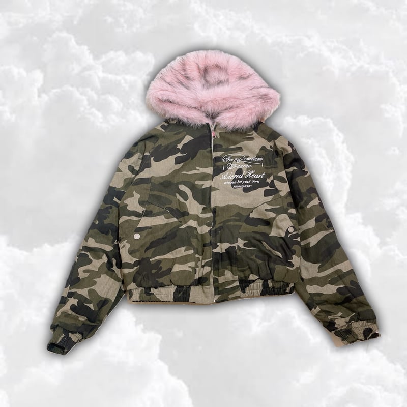 Pinkファーフードカモフラジャケット | Romantic Standard