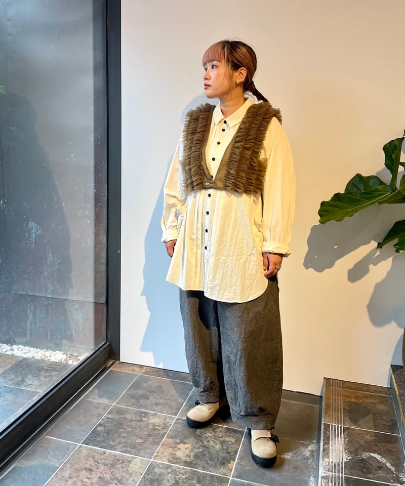 RYU KAGA/FLOATING MILITARY TULLE VEST/KHAKI,BLA