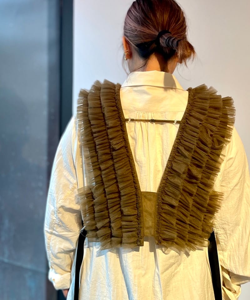 RYU KAGA/FLOATING MILITARY TULLE VEST/KHAKI,BLA