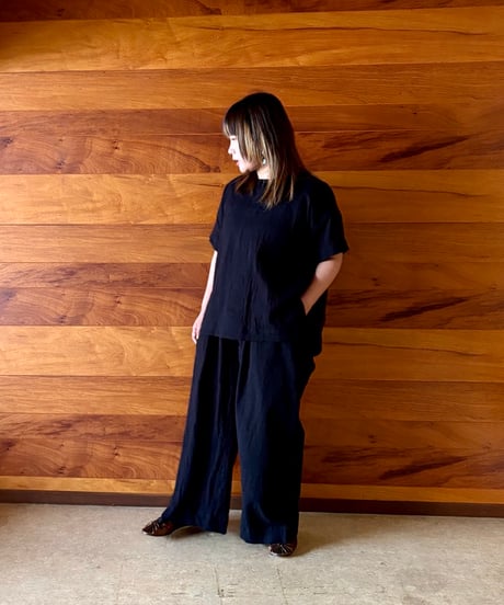 O project/WIDE TROUSER COTTON LINEN SEER SUCKER/BLACK
