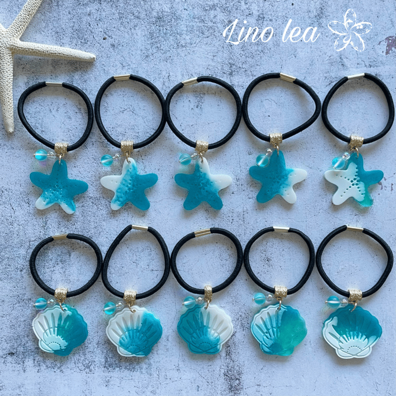 SALE★レジンヘアゴム　2連　エメラルドグリーン　アクアブルー　南国　海 Oceanlea ヘアゴム Okinawa | Lino lea