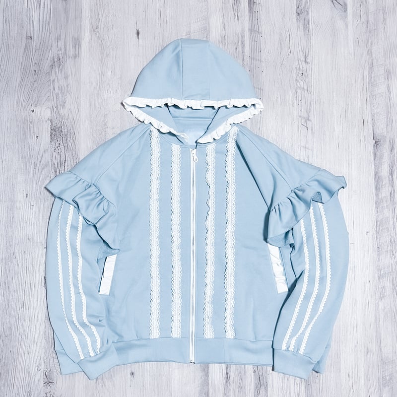 フリルレースジャージパーカー【satoi】 satoi ジャージ フリル パーカー satoi フリルレースジャージ blue