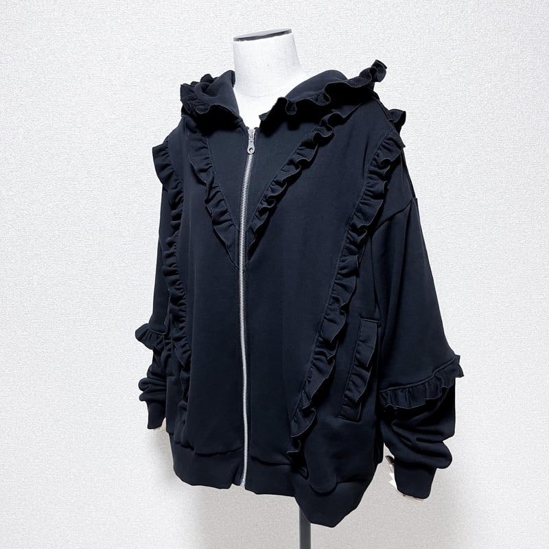 h.naoto FLILL 刺繍　フリル　ジップアップパーカー　編み上げ フリルジップアップパーカー<black> | satoi