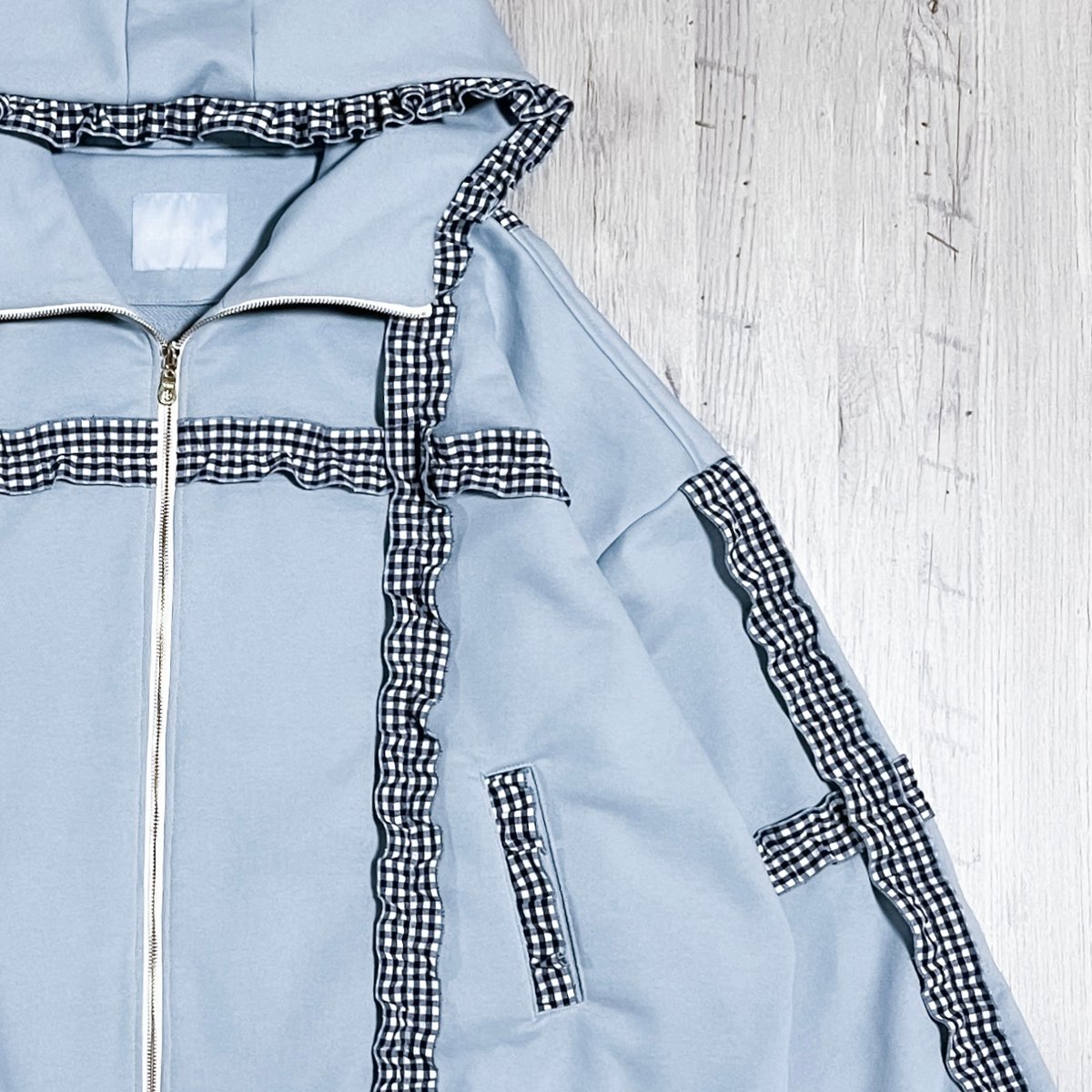 satoi フリル パーカー アウター 水色 グレー satoi フリル パーカー アウター 水色 グレー satoi フリル パーカー