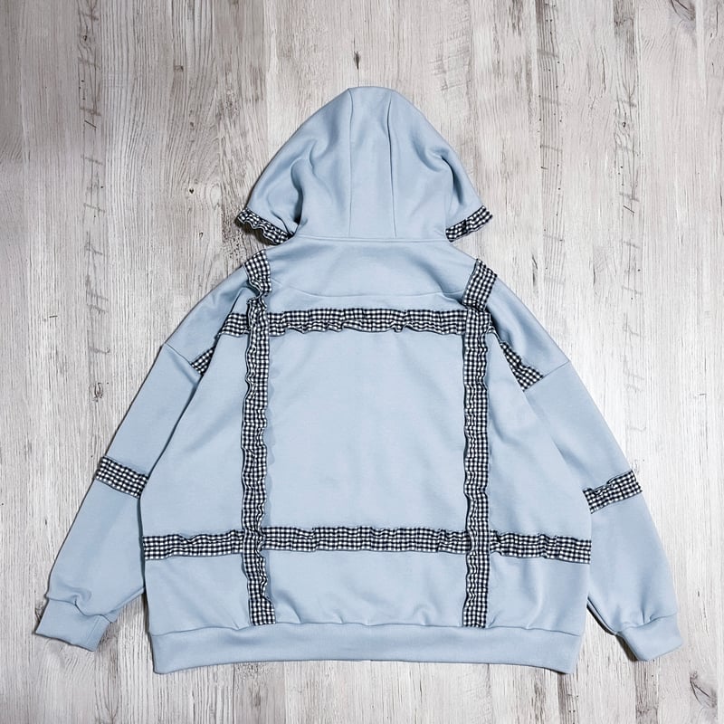 ililil 水色チェックフリルプルパーカー ililil水色チェックフリルプルパーカー 全1色 ジャージ[品番