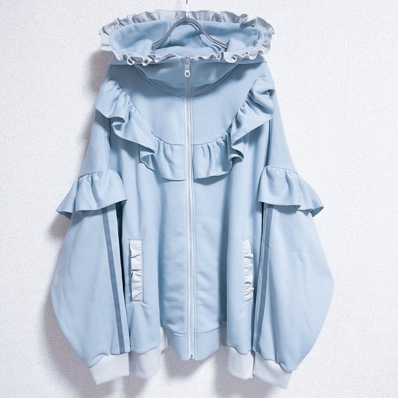 satoi フリル パーカー アウター 水色 グレー フリルハイネックパーカー<light blue × light gray> | satoi