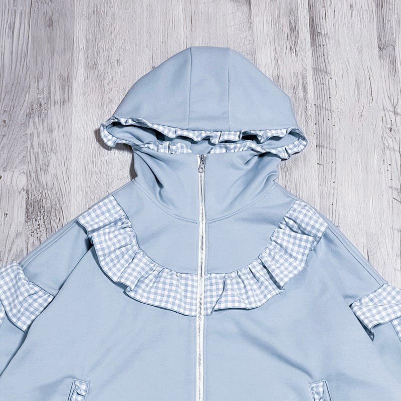 【satoi】 フリルハイネックパーカー light blue フリルチェックハイネックパーカー<light blue × blue> | satoi