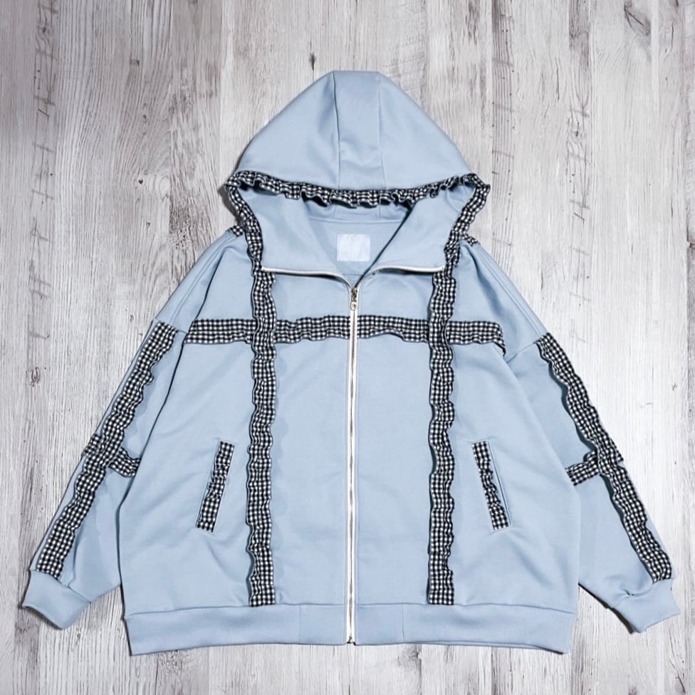 フリルチェックハイネックパーカー<light blue × black> | satoi