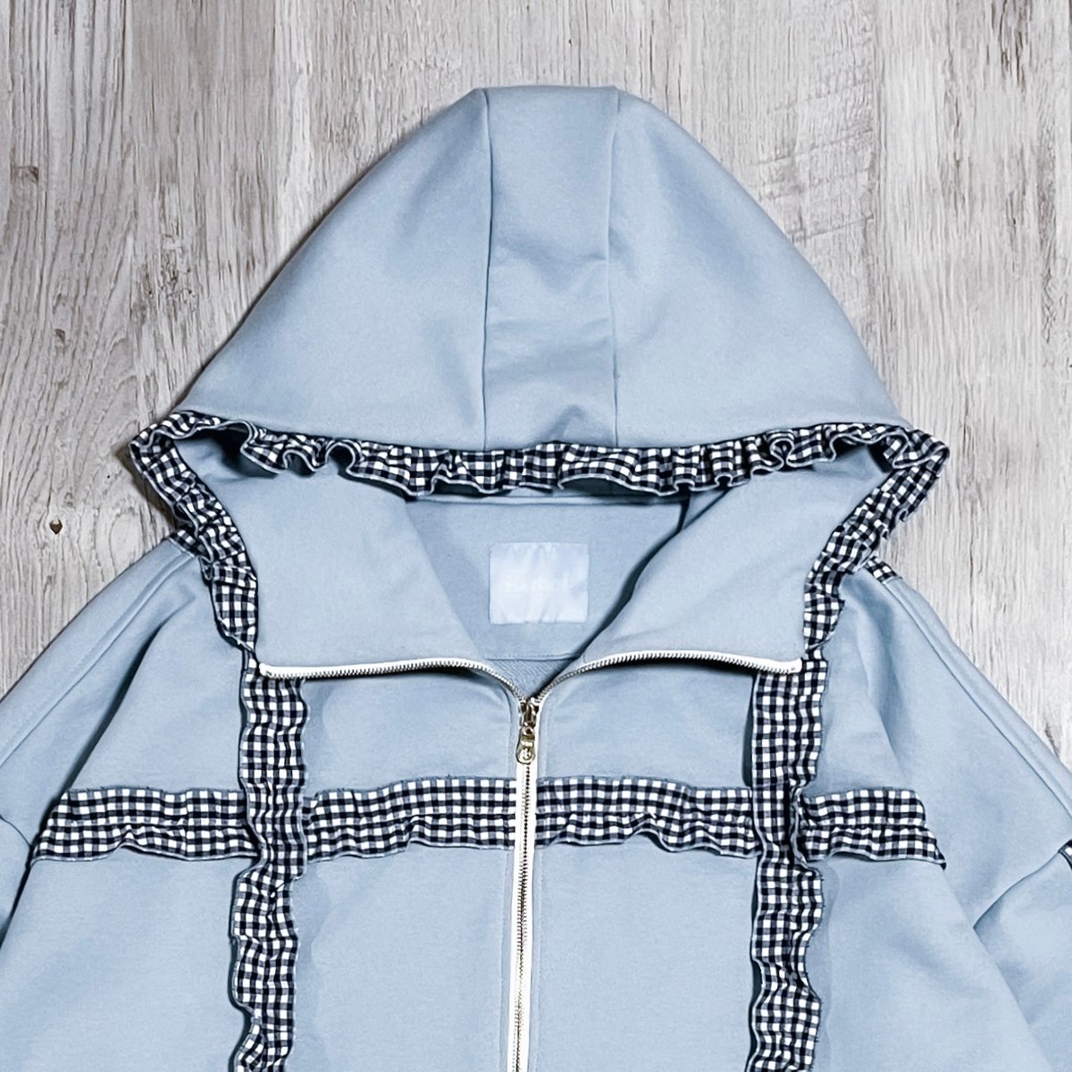 satoi フリルハイネックパーカー gray blue フリルチェックハイネックパーカー<light blue × blue> | satoi