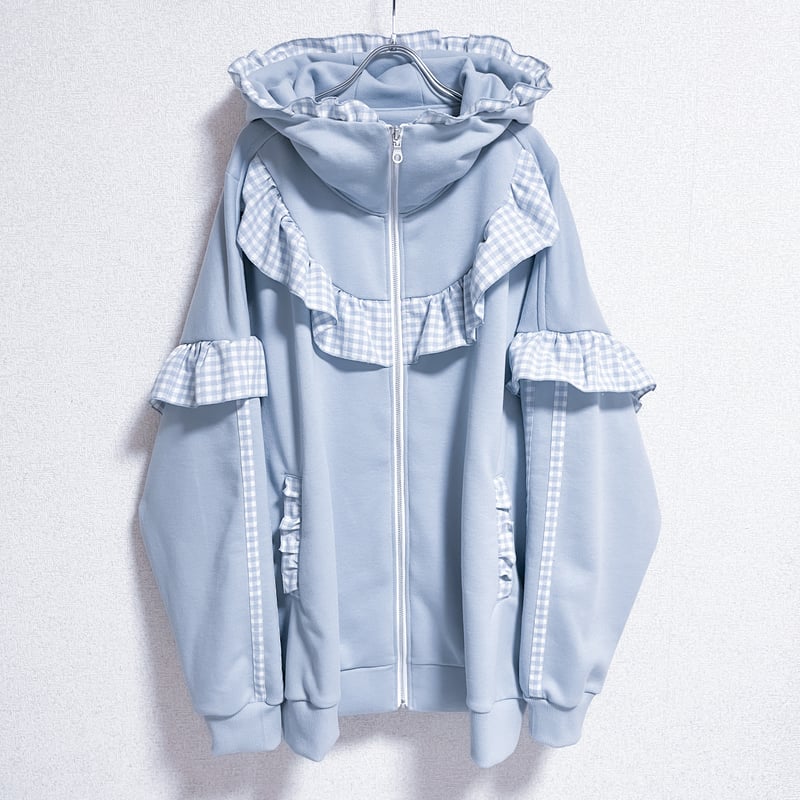 【satoi】 フリルハイネックパーカー light blue フリルチェックハイネックパーカー<light blue × blue> | satoi
