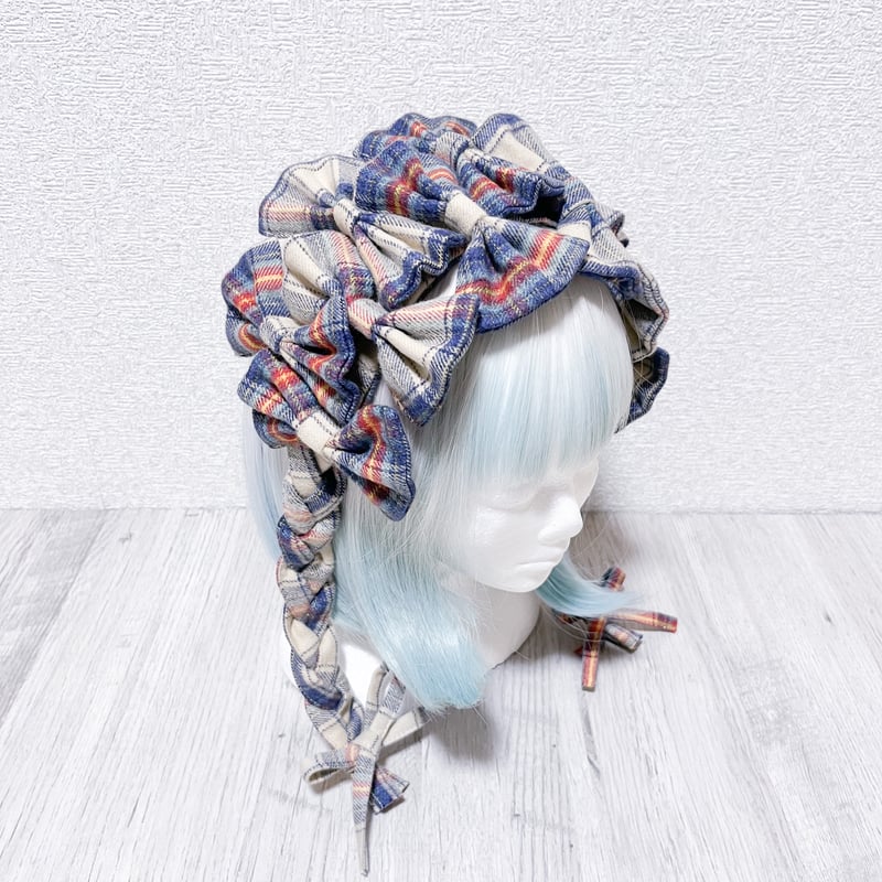 三つ編みリボンヘッドドレス<チェック／beige × blue × red> | satoi