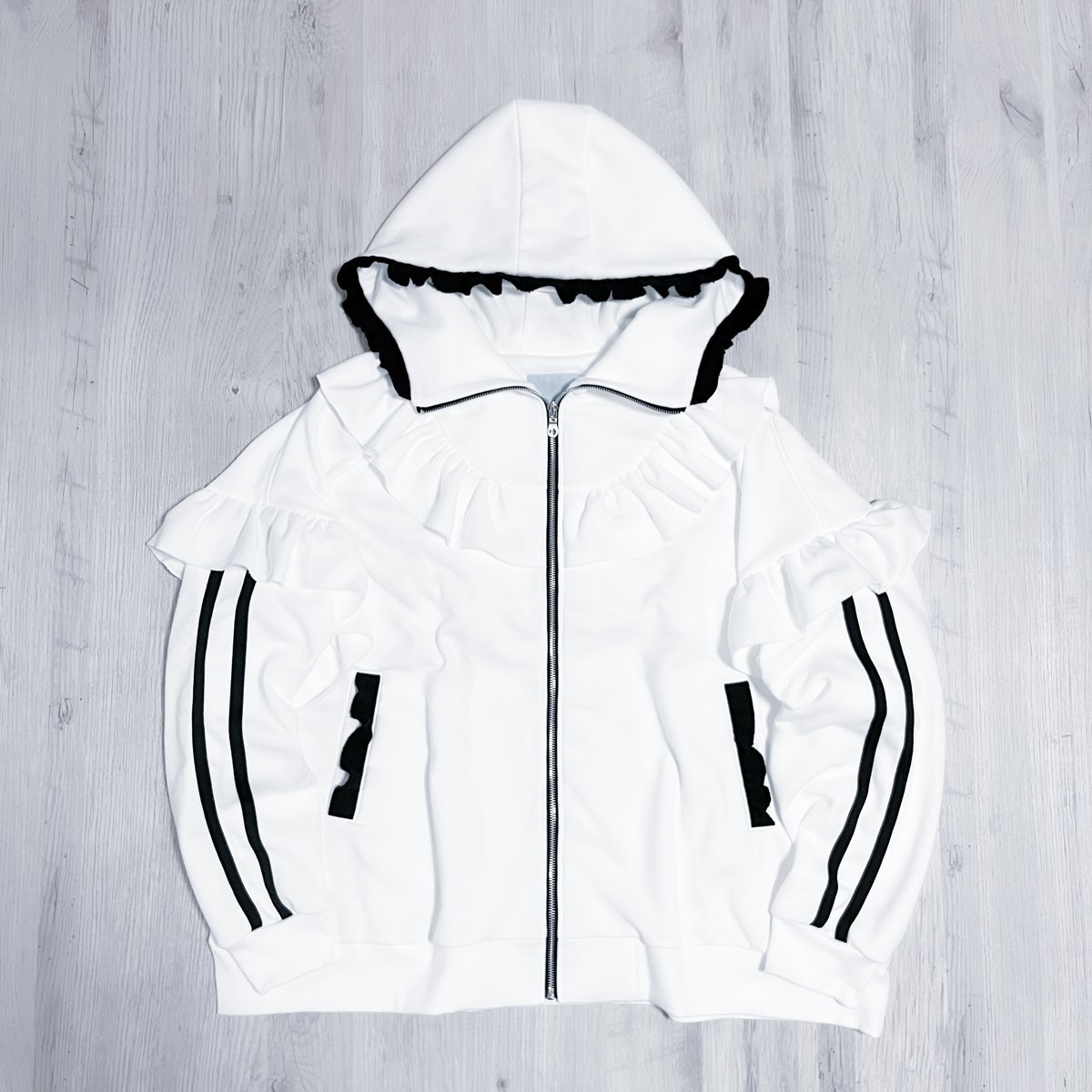 satoi フリルパーカー フリルチェックハイネックパーカー<light blue × black> | satoi
