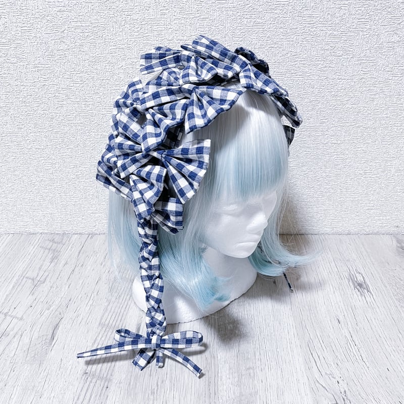 ヘッドドレスNo.179 届11/20〜12/15】三つ編みリボンヘッドドレス<ギンガムチェック／blue