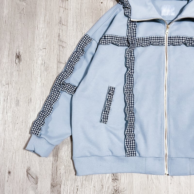 【satoi】 フリルハイネックパーカー light blue フリルチェックハイネックパーカー<light blue × black> | satoi