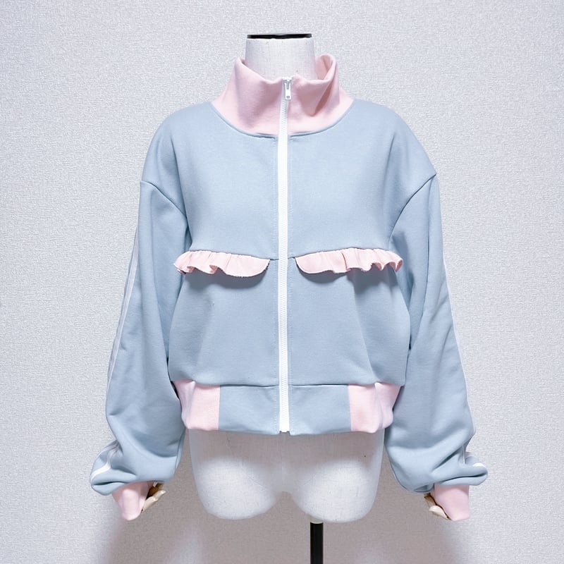 satoi フリルレースジャージ blue フリルハイネックパーカー<light blue × light gray> | satoi