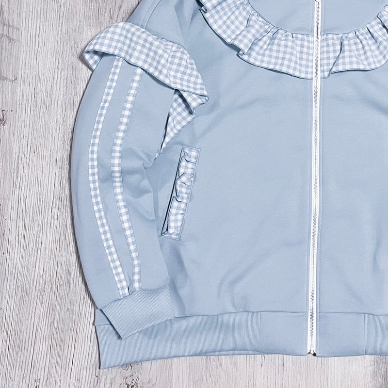 【satoi】 フリルハイネックパーカー light blue フリルチェックハイネックパーカー<light blue × blue> | satoi