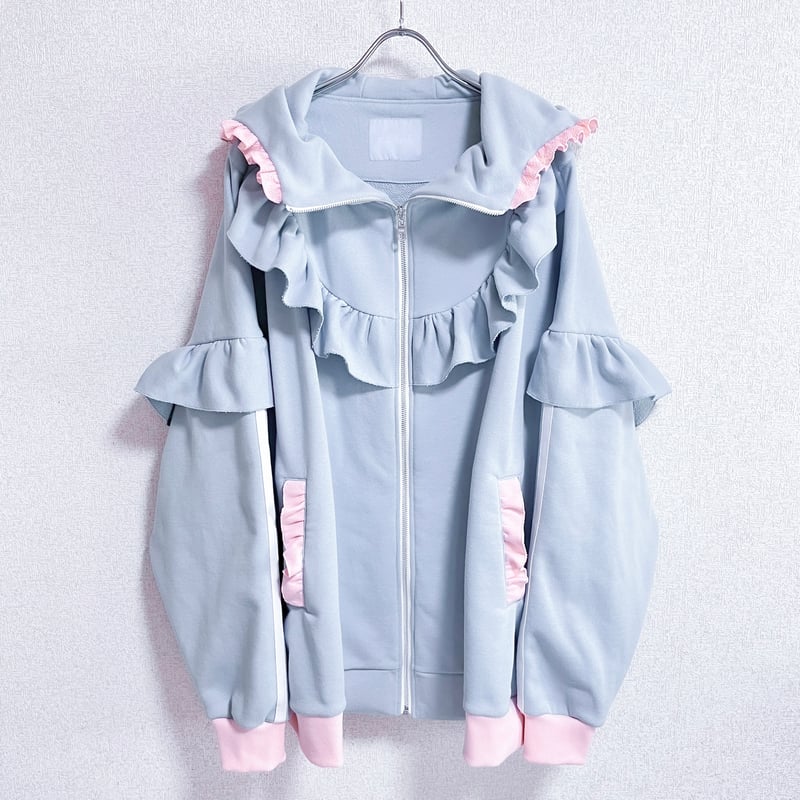 2月下旬】フリルハイネックパーカー<light blue × light pink