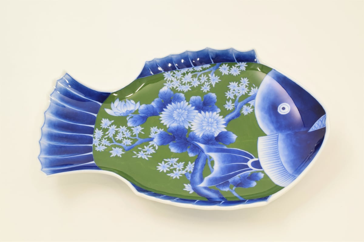 染付菊絵 魚型皿（アウトレット品） | WEB有田陶器市 ｜ 深川製磁