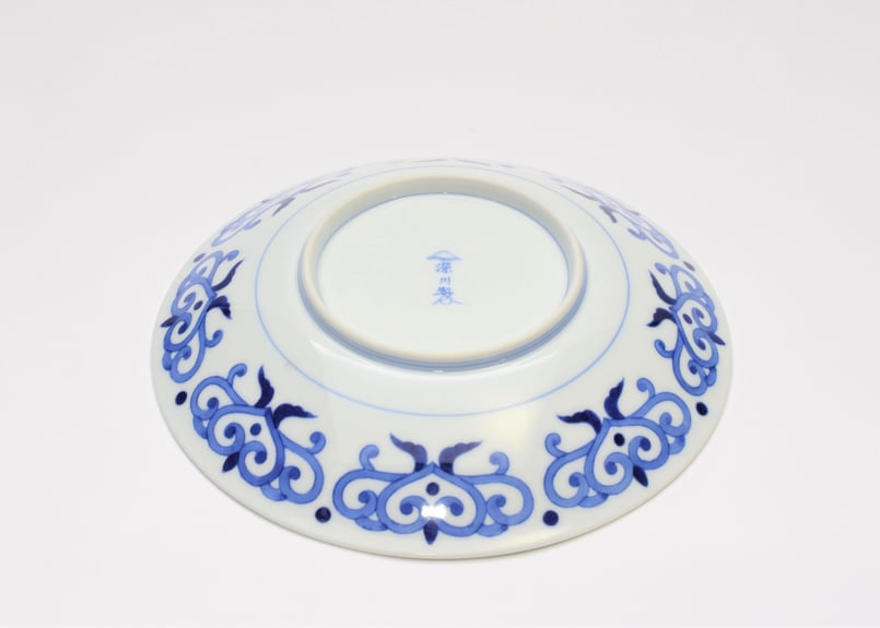 共箱未使用】深川製磁染付 菊唐草6号和皿揃い5枚組