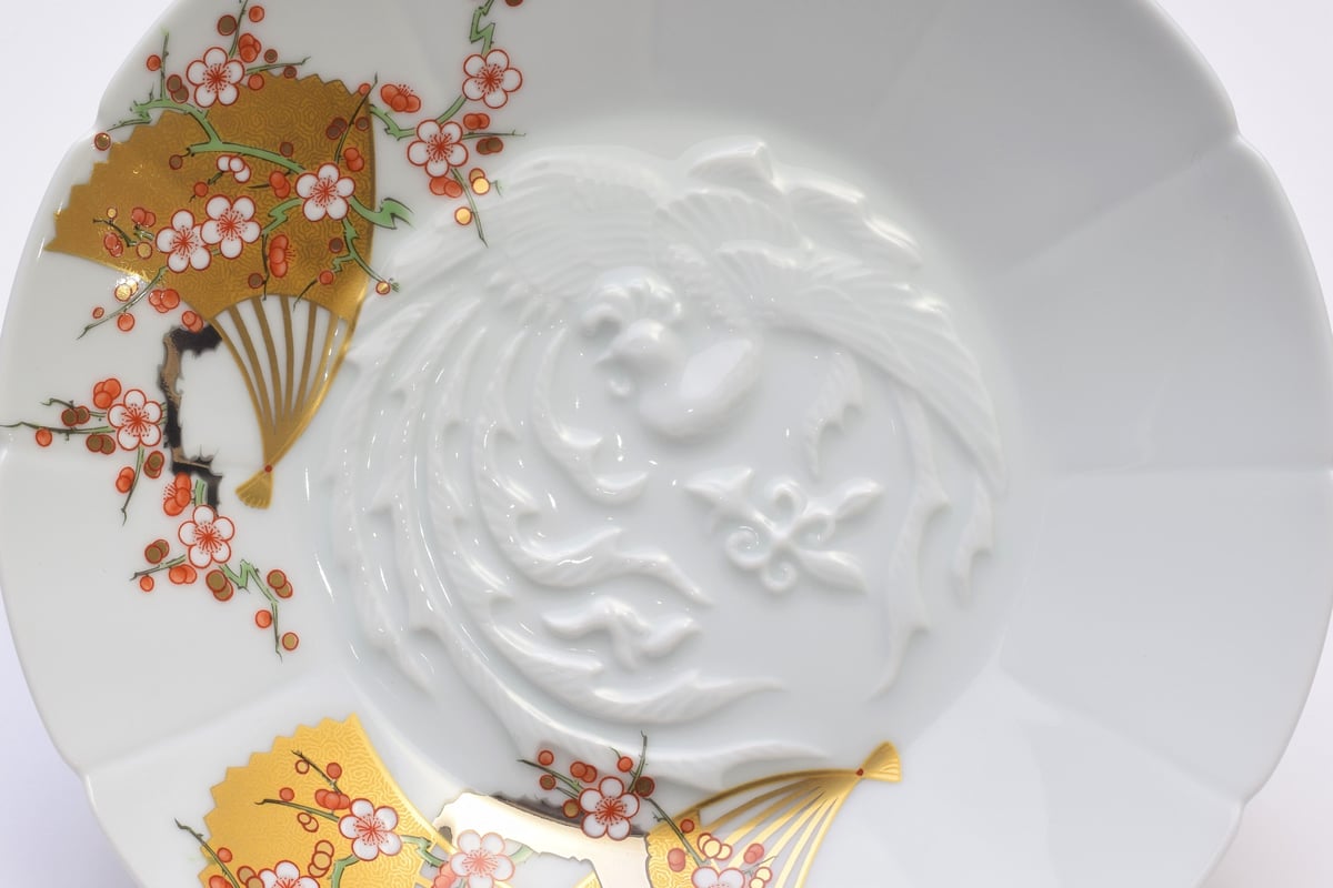 紅白梅扇面紋 献上組皿（アウトレット品） | WEB有田陶器市 ｜ 深川製