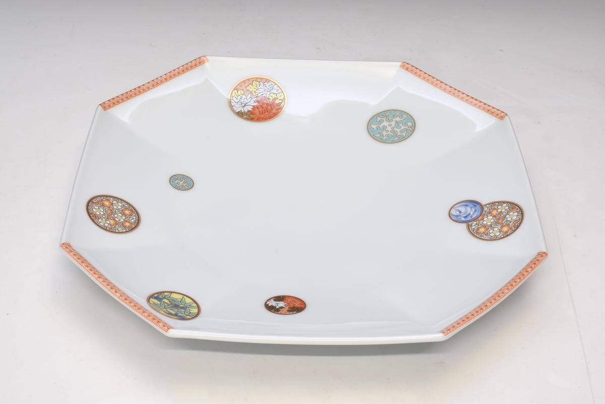 大皿　置物　飾皿 希少!!】九谷造 色絵 金彩 [松竹梅鳥文風景窓絵 粉彩人物絵] 大皿 平皿