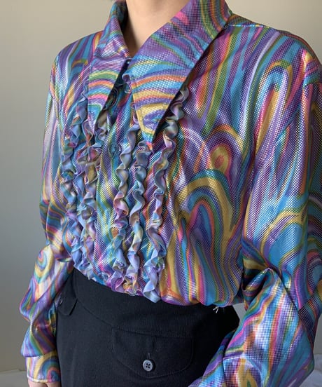 Mesh Fabric Rainbow Frill Blouse