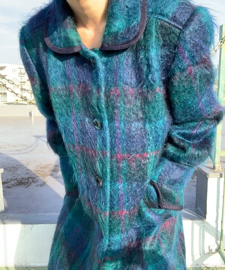 "80s"  MOHAIR Shaggy Check Long Coat