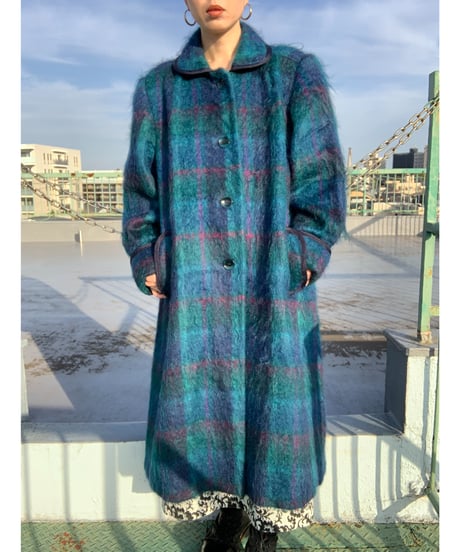 "80s"  MOHAIR Shaggy Check Long Coat
