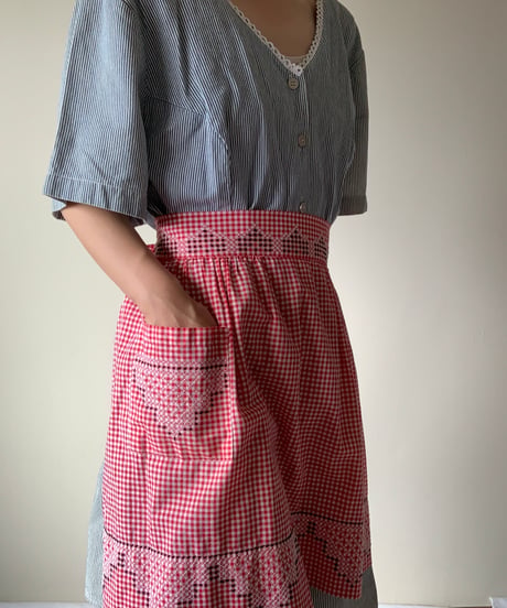 Gingham Check Waist Apron -Red-