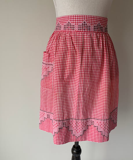 Gingham Check Waist Apron -Red-